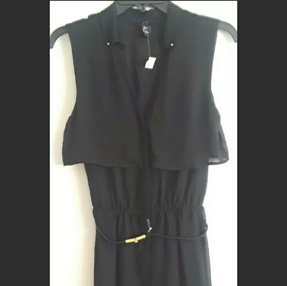 New Black Button Front Sleevless Chiffon Dress